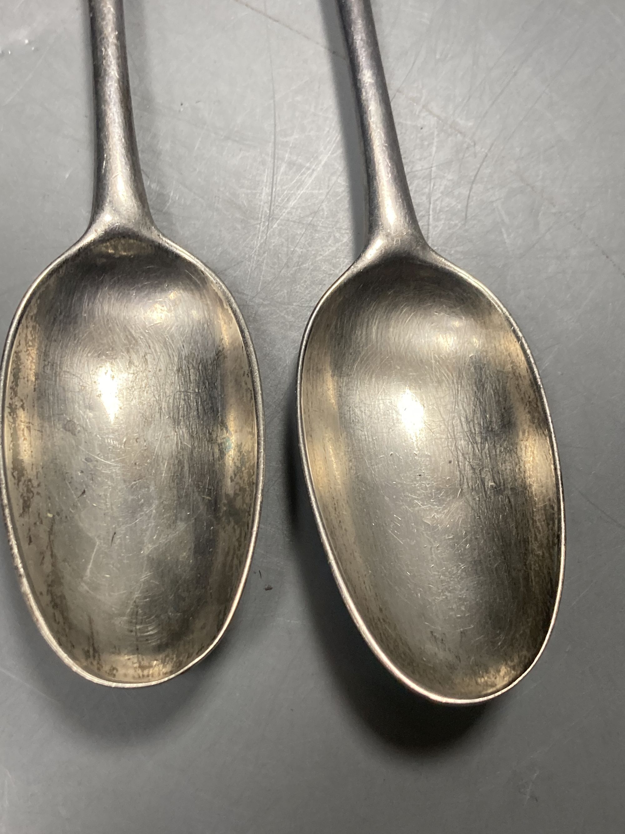 A pair of George II Irish silver Hanovarian pattern table spoons by Alexander Richards?, Dublin, 1739/40, 21cm, 140 grams.